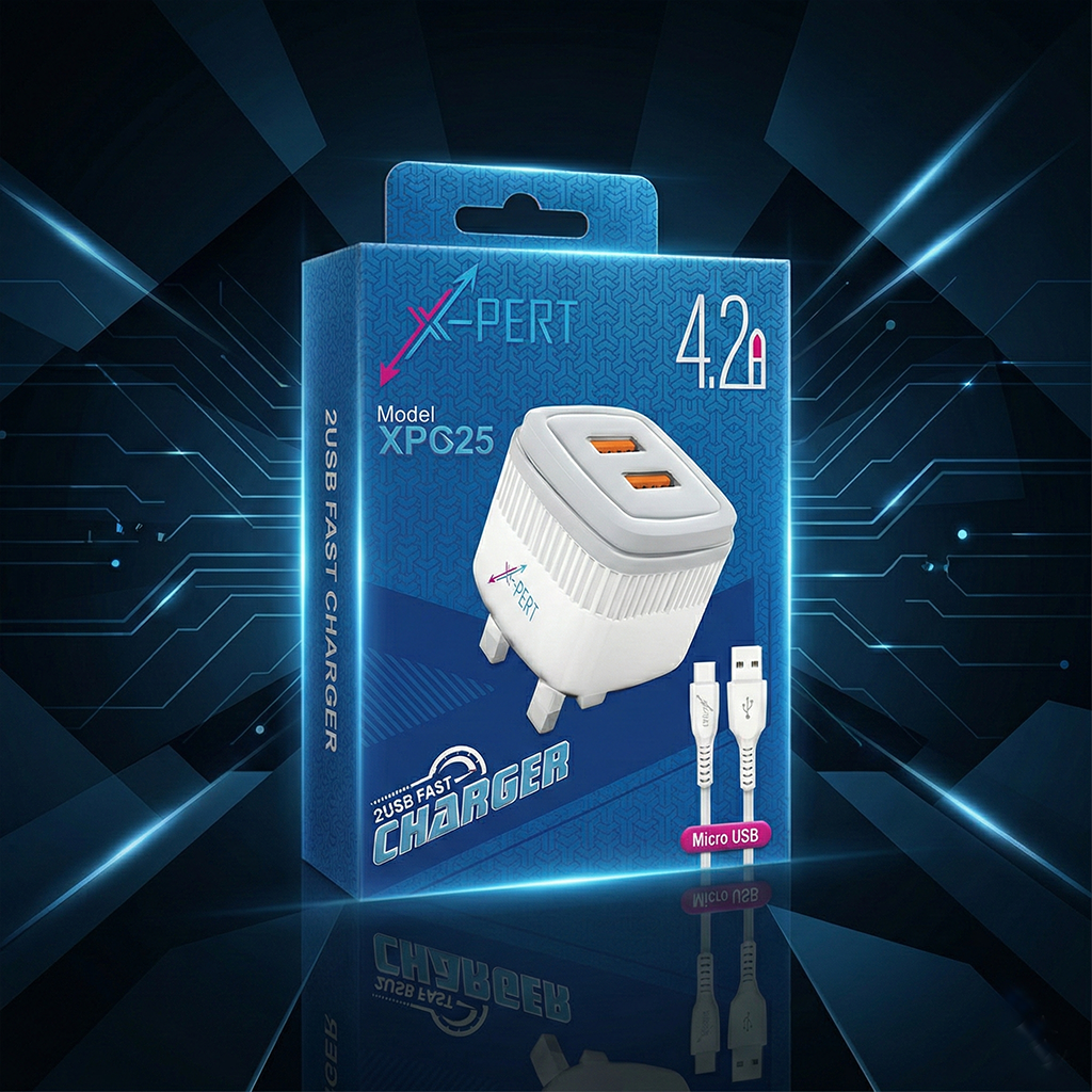 Buy the X-PERT XPC25 4.2A Dual USB Fast Charger at shoppypack.com. Features high-speed charging, 2 USB ports, and includes a Micro USB cable. Best price in Sri Lanka